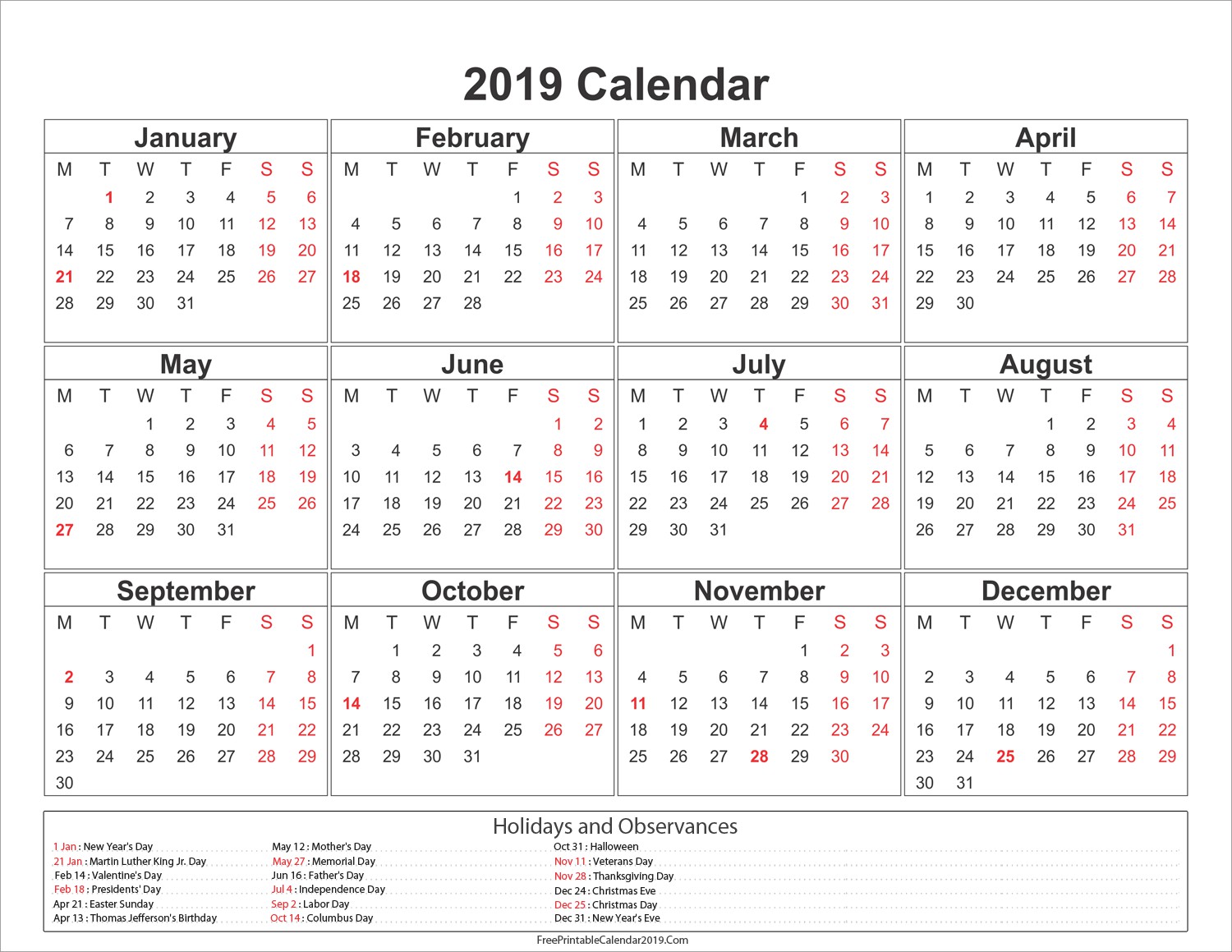 Free Printable Calendar 2019 with Holidays in Word Excel PDF