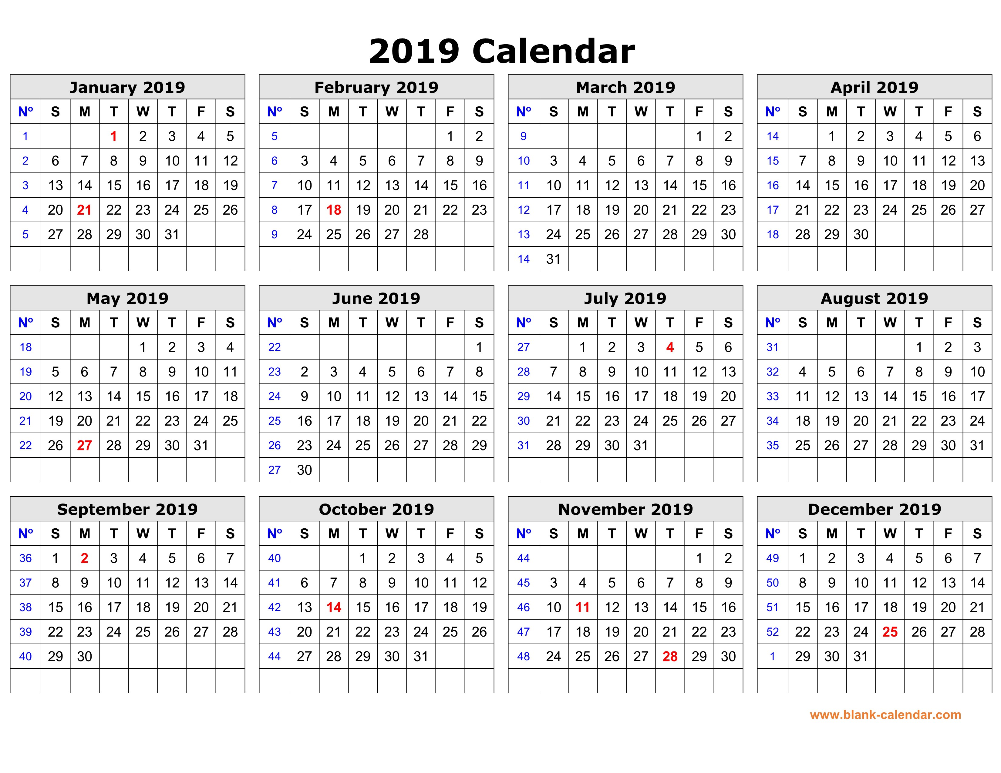 free download printable calendar 2019 in one page clean