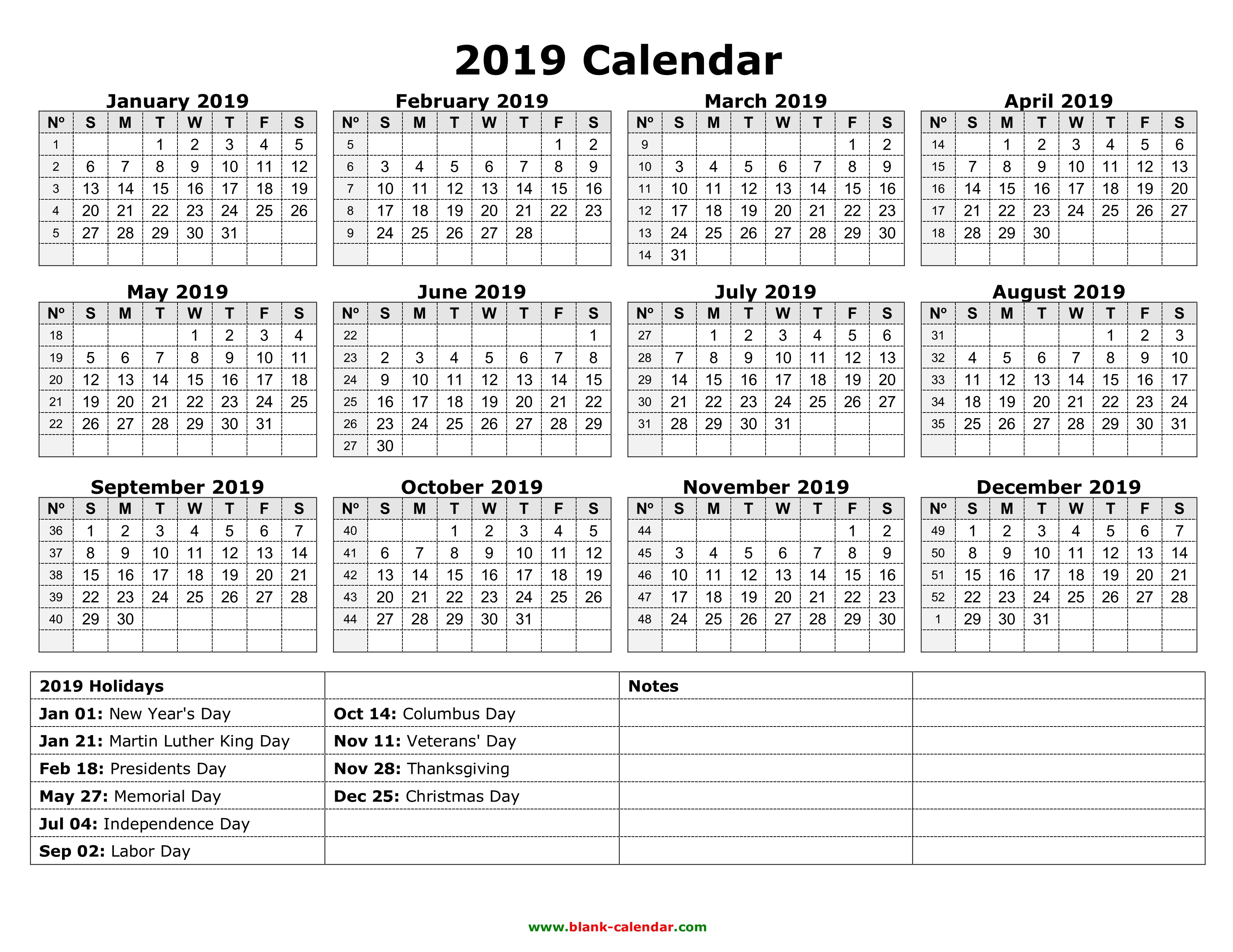 yearly calendar 2019 free download and print