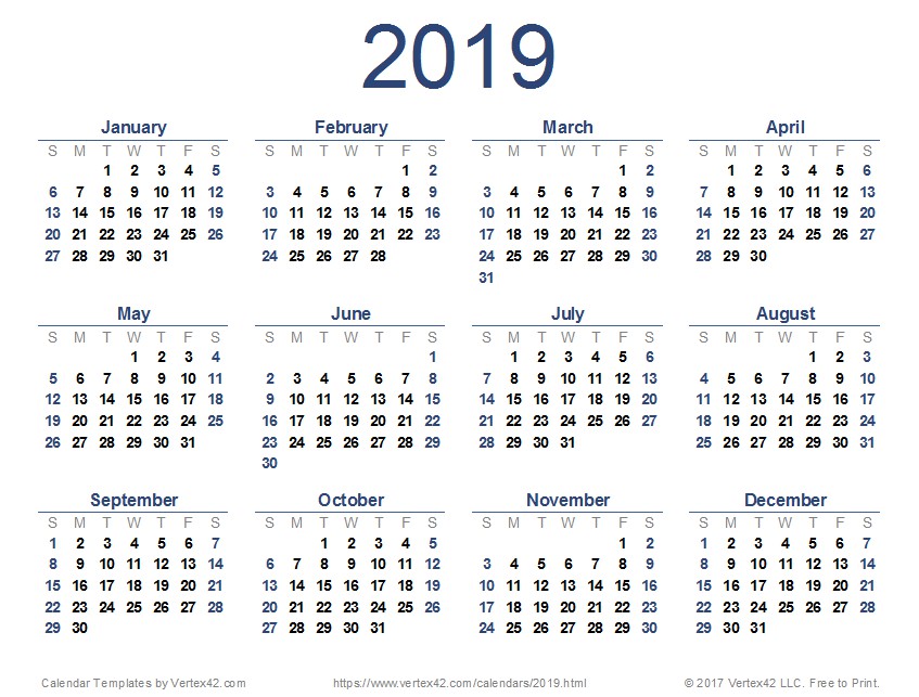2019 Calendar Templates and