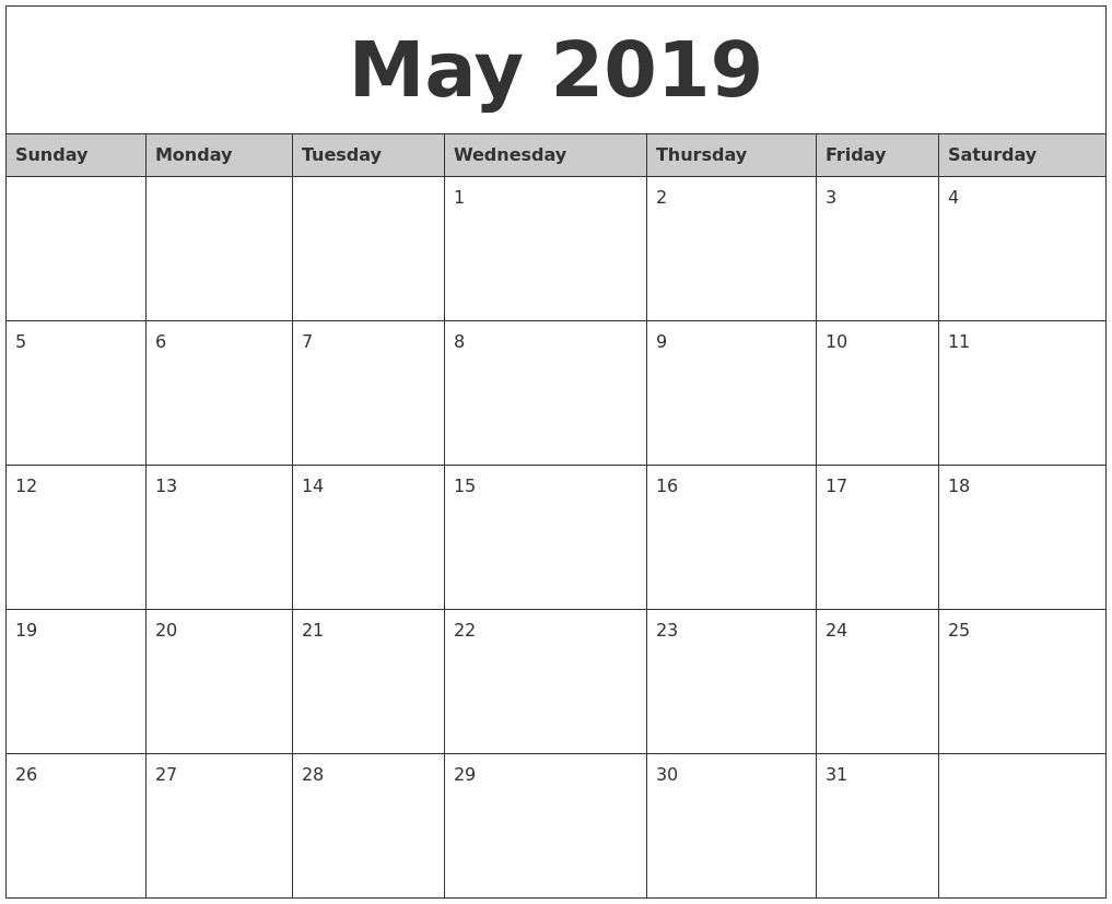 May 2019 Printable Calendar