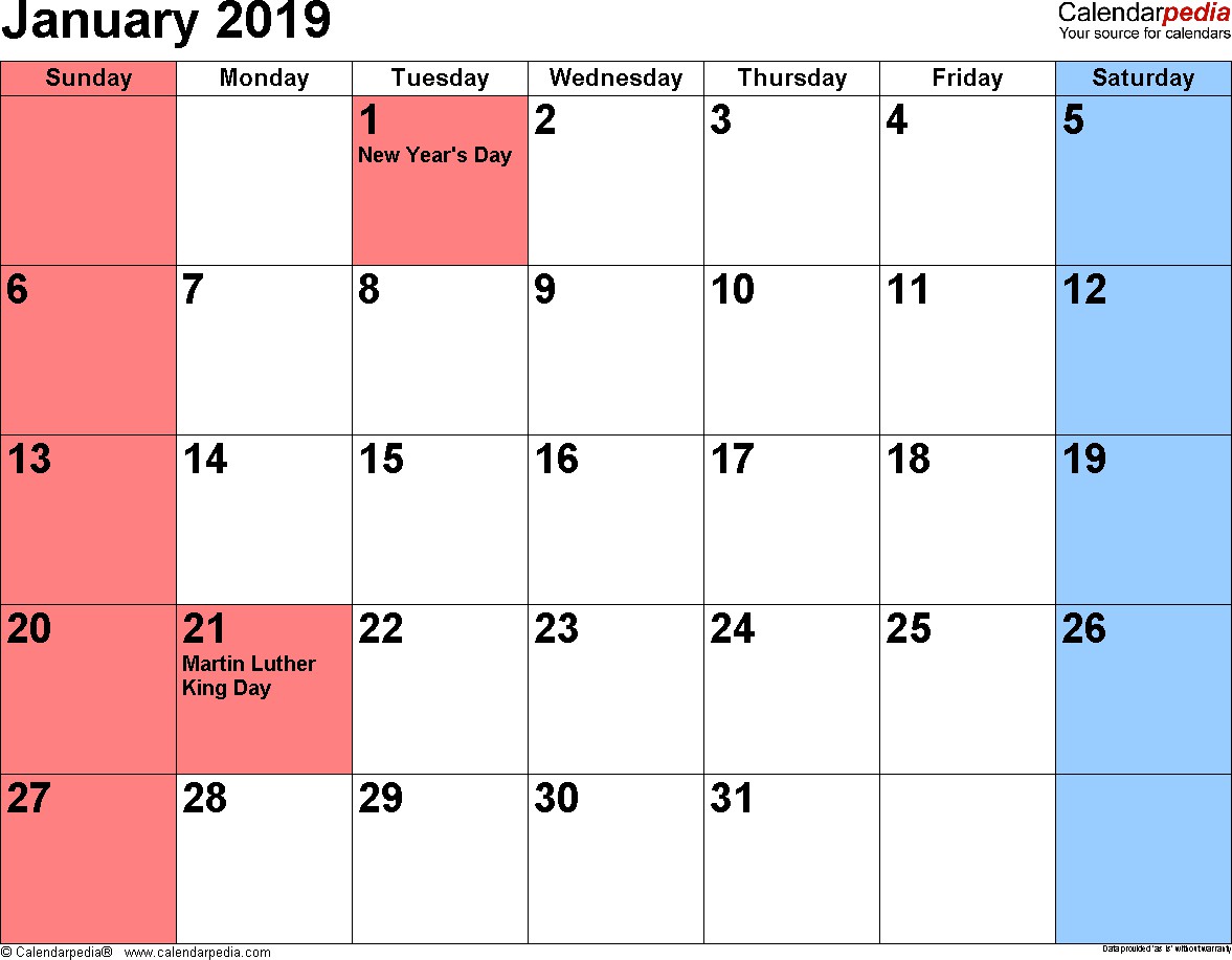 january 2019 calendars for word excel pdf