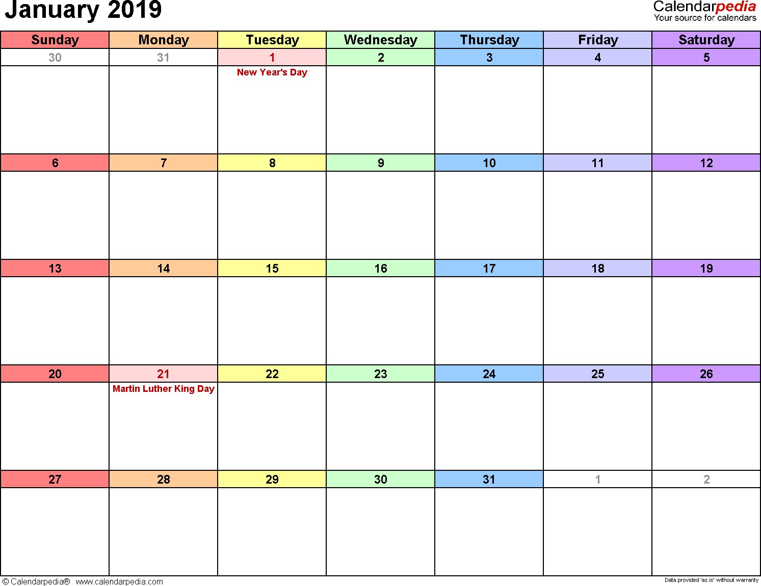 january 2019 calendars for word excel pdf
