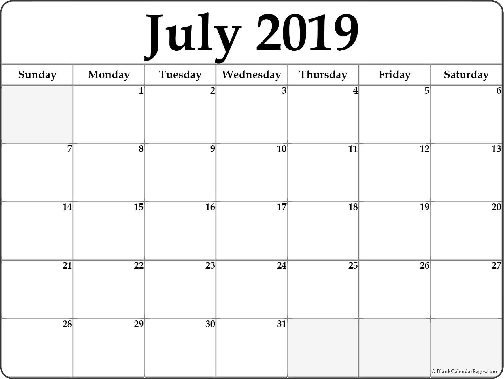 July 2019 blank calendar printable collection