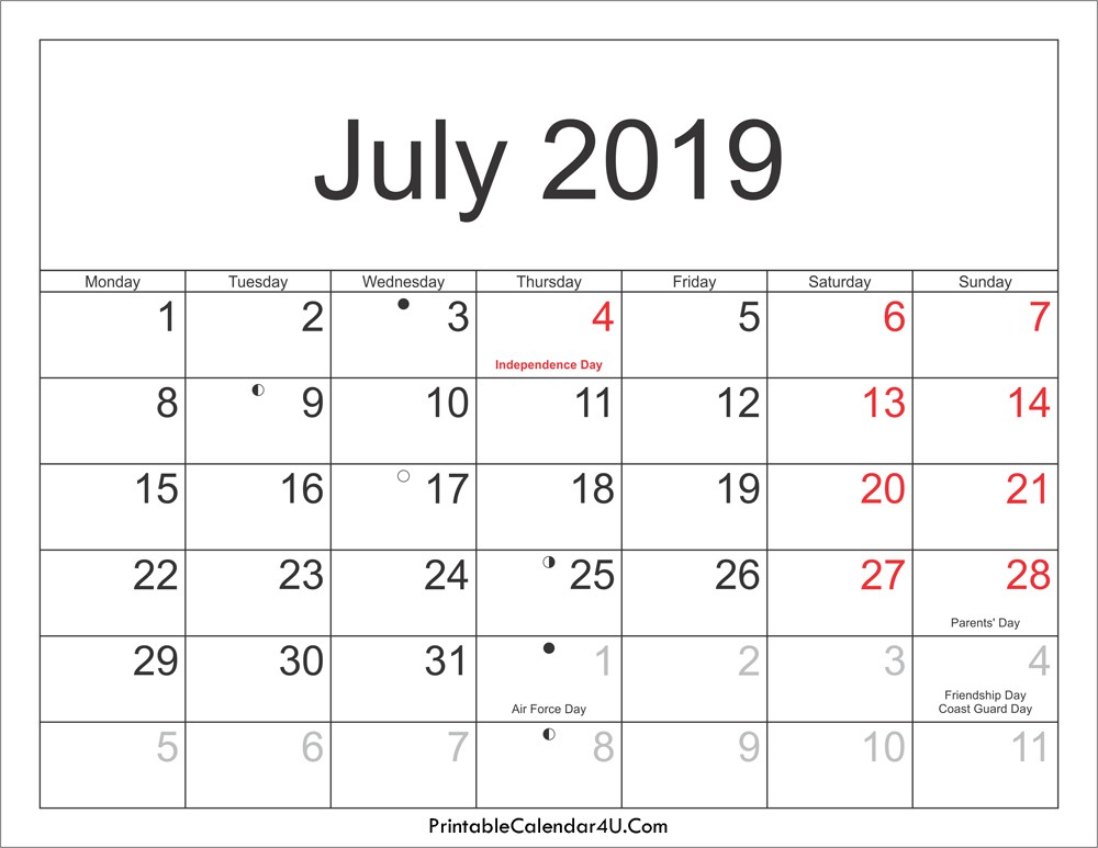July 2019 Calendar Printable with Holidays PDF and JPG
