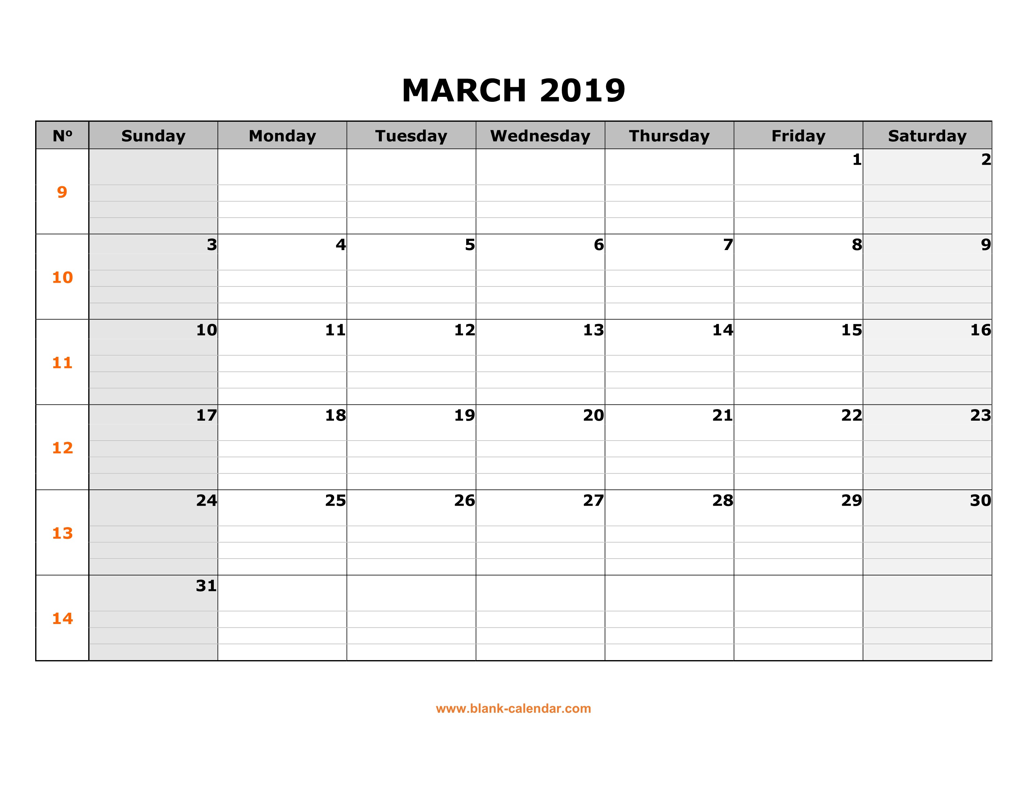 Free Download Printable March 2019 Calendar large box