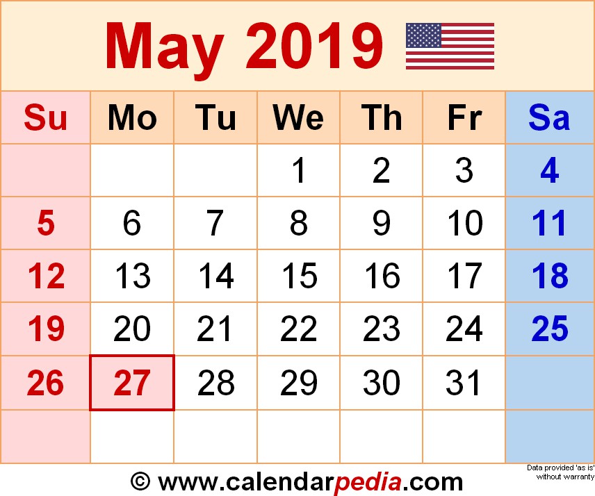 may 2019 calendars for word excel pdf