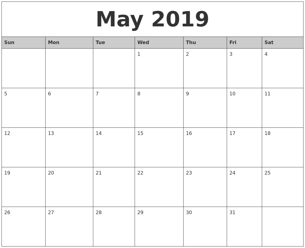 2019 Printable Calendar Word