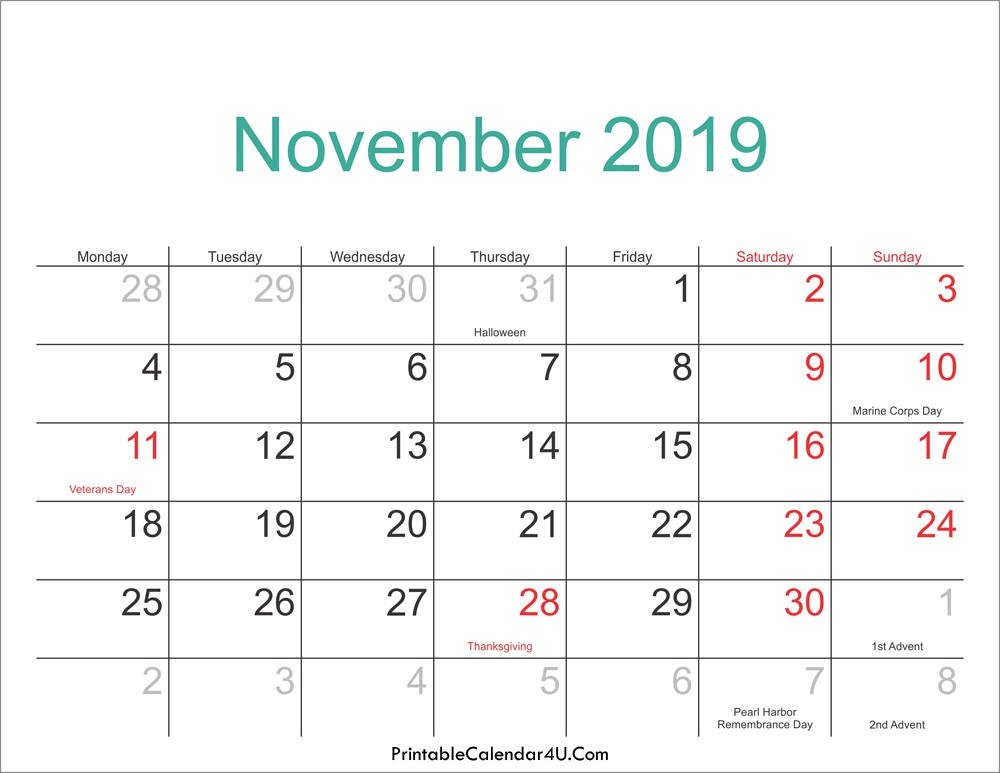 November 2019 Calendar Printable with Holidays PDF and JPG