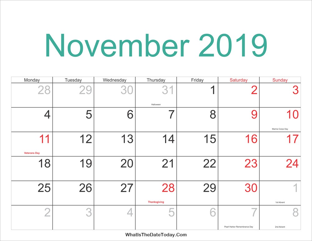 November 2019 Calendar Printable with Holidays