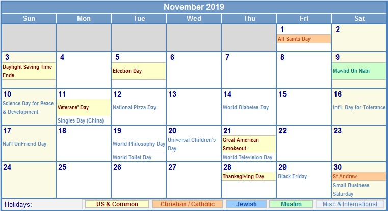 November 2019 Calendar With Holidays