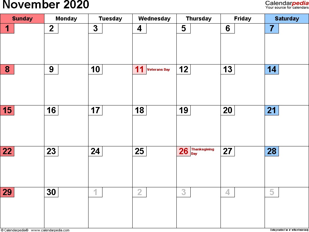 november 2020 calendars for word excel pdf
