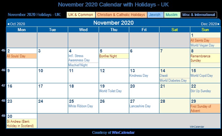 print friendly november 2020 uk calendar for printing