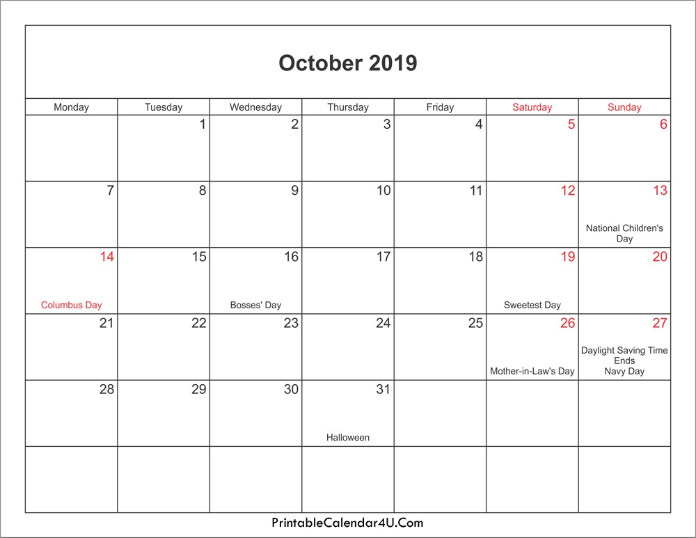 October 2019 Calendar Printable with Holidays PDF and JPG