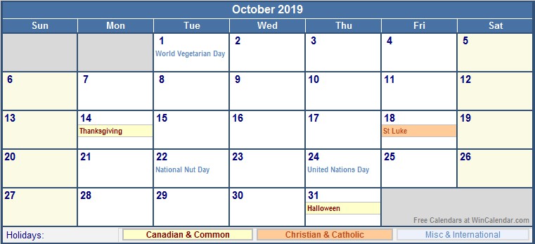 October 2019 Calendar With Holidays