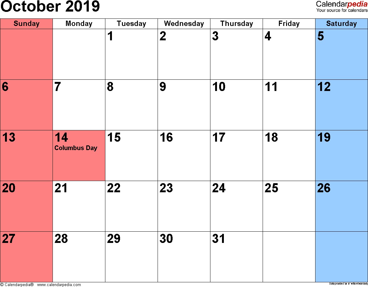 October 2019 Calendars for Word Excel & PDF