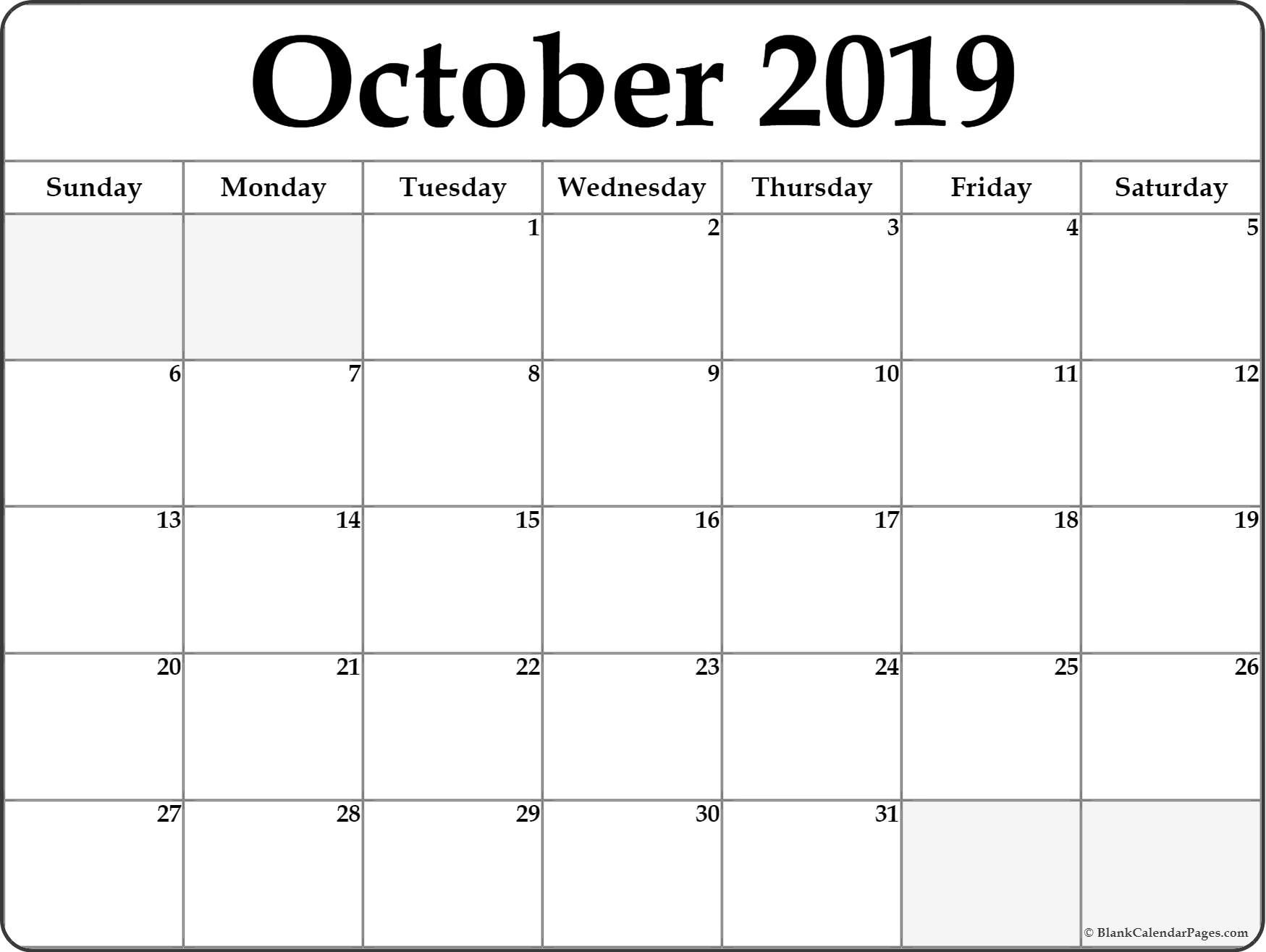 October 2019 blank calendar printable collection