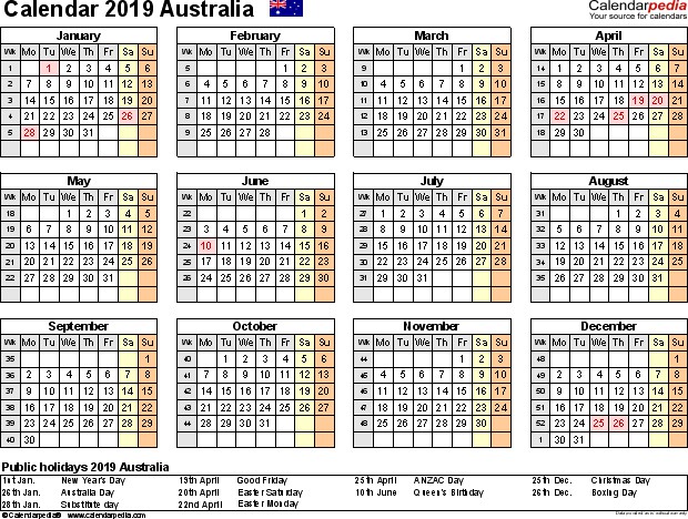 yearly calendar 2019 template with australia holidays free