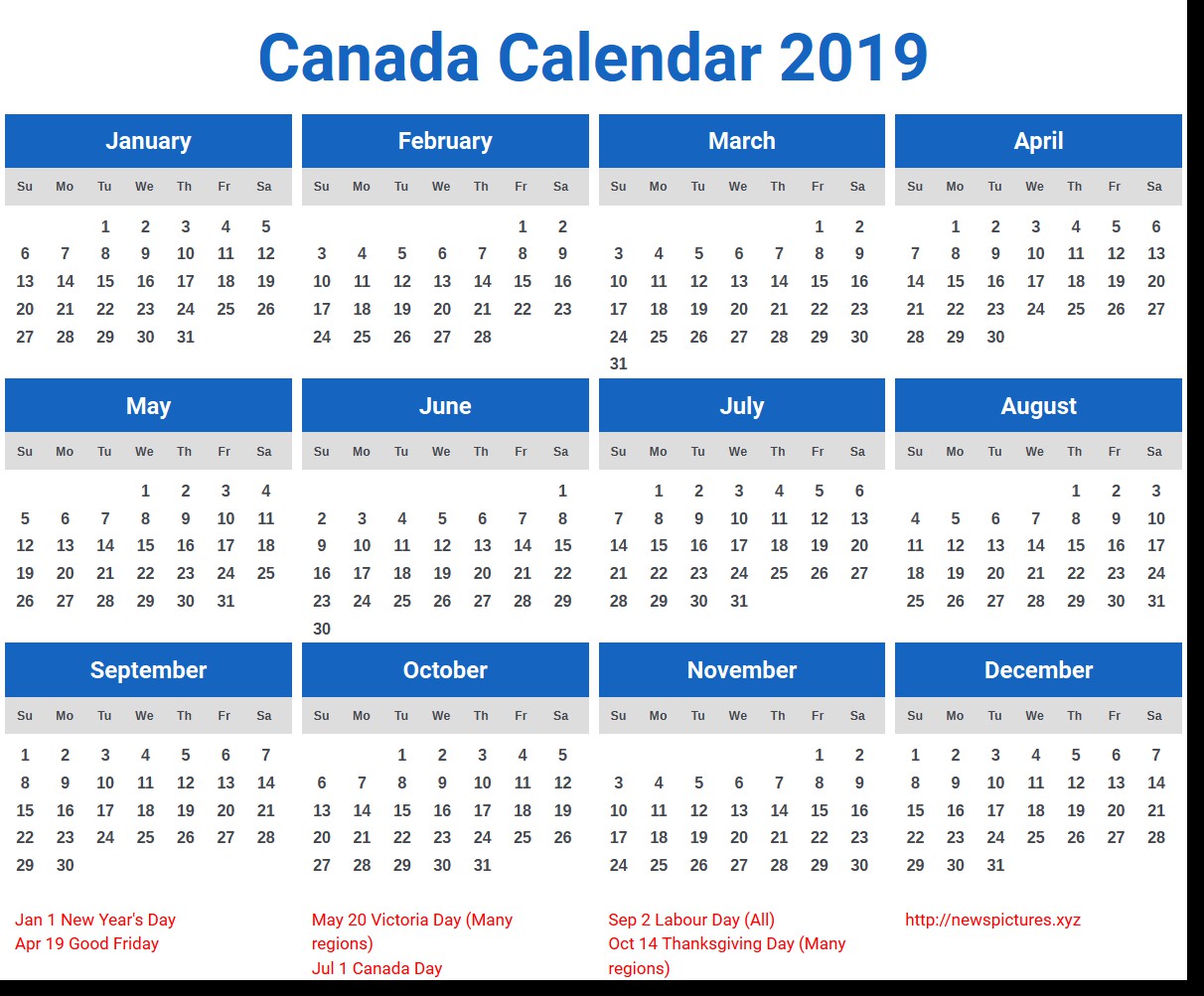 Canada Calendar 2019