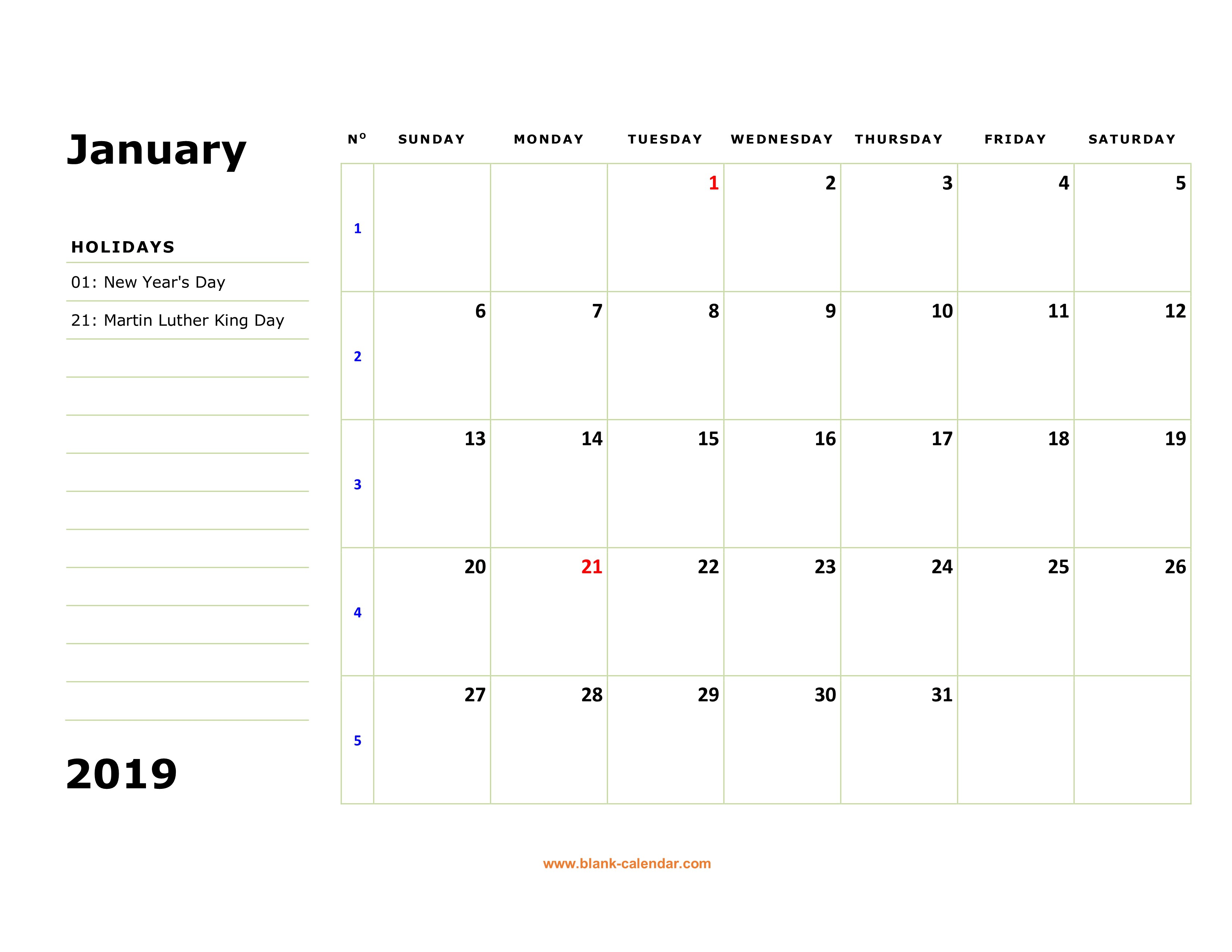 free download printable calendar 2019 large box holidays