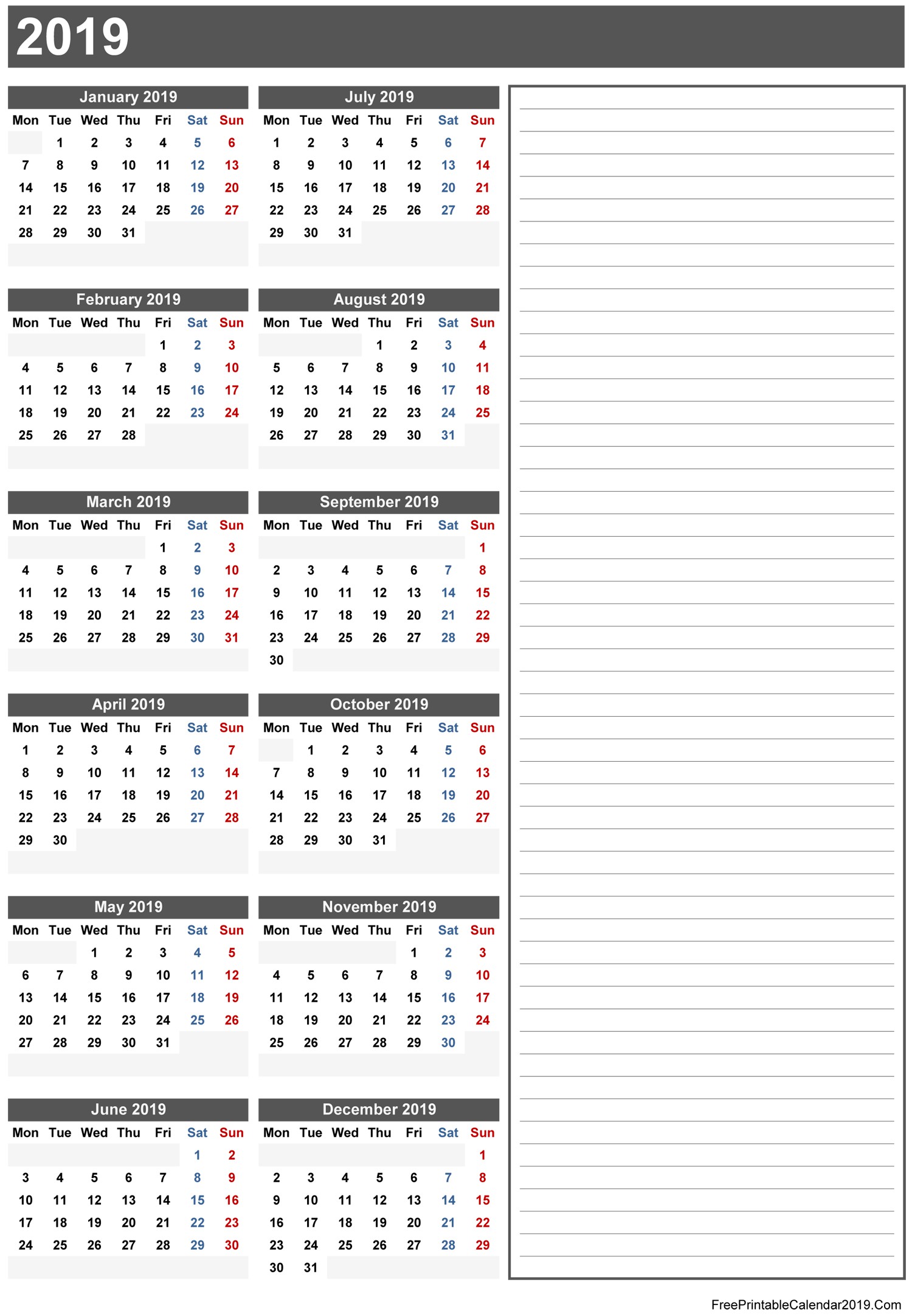 free printable calendar 2019 with holidays in word excel pdf