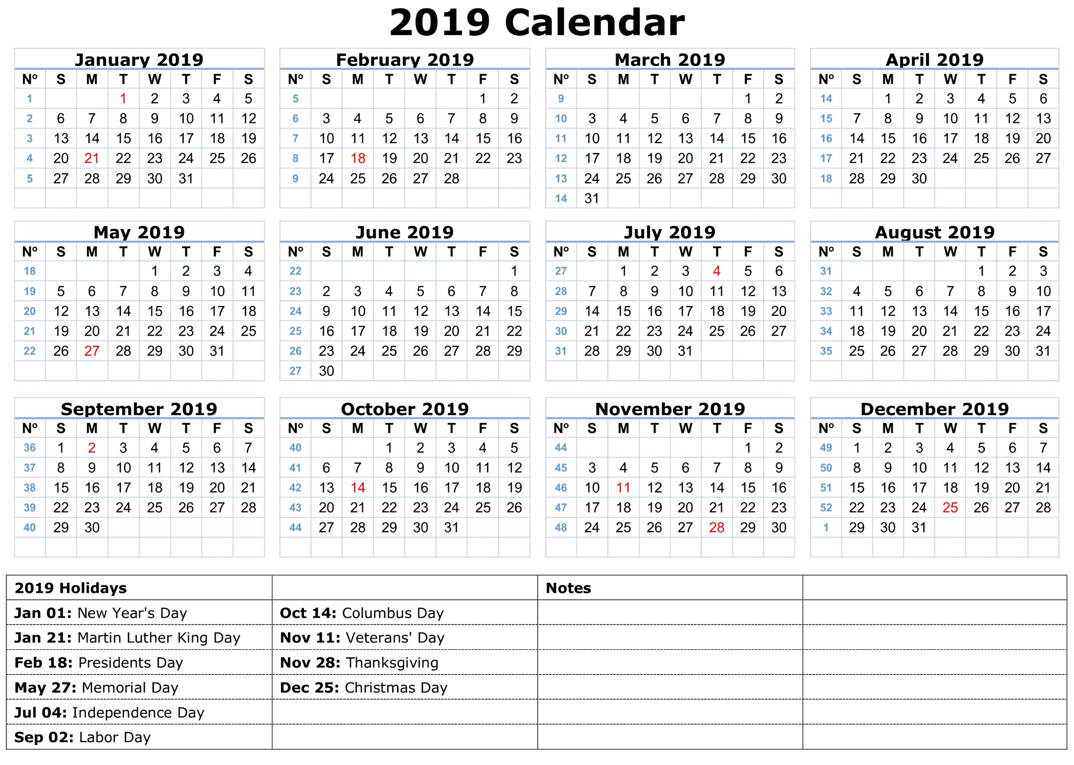 2019 printable calendar templates online