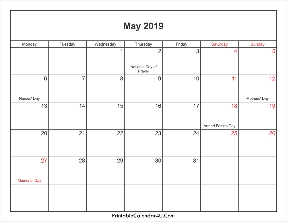 may 2019 calendar with holidays