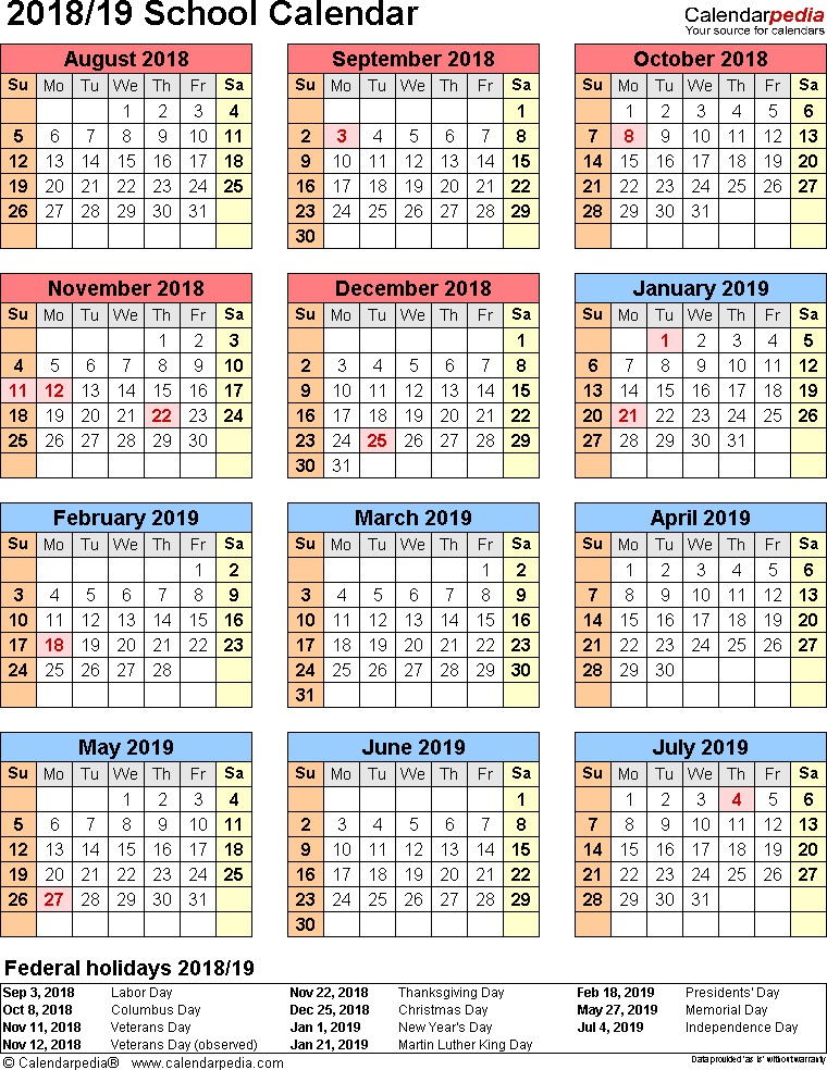 School calendars 2018 2019 as free printable Word templates