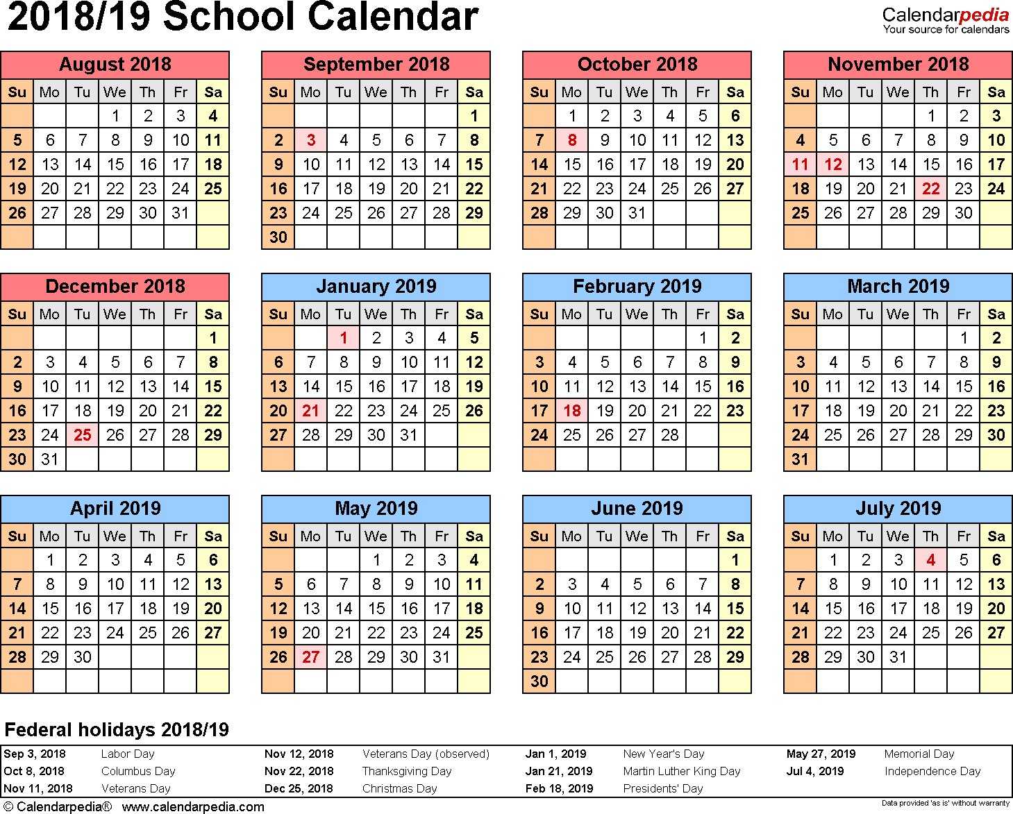 school calendars 2018 2019 as free printable pdf templates