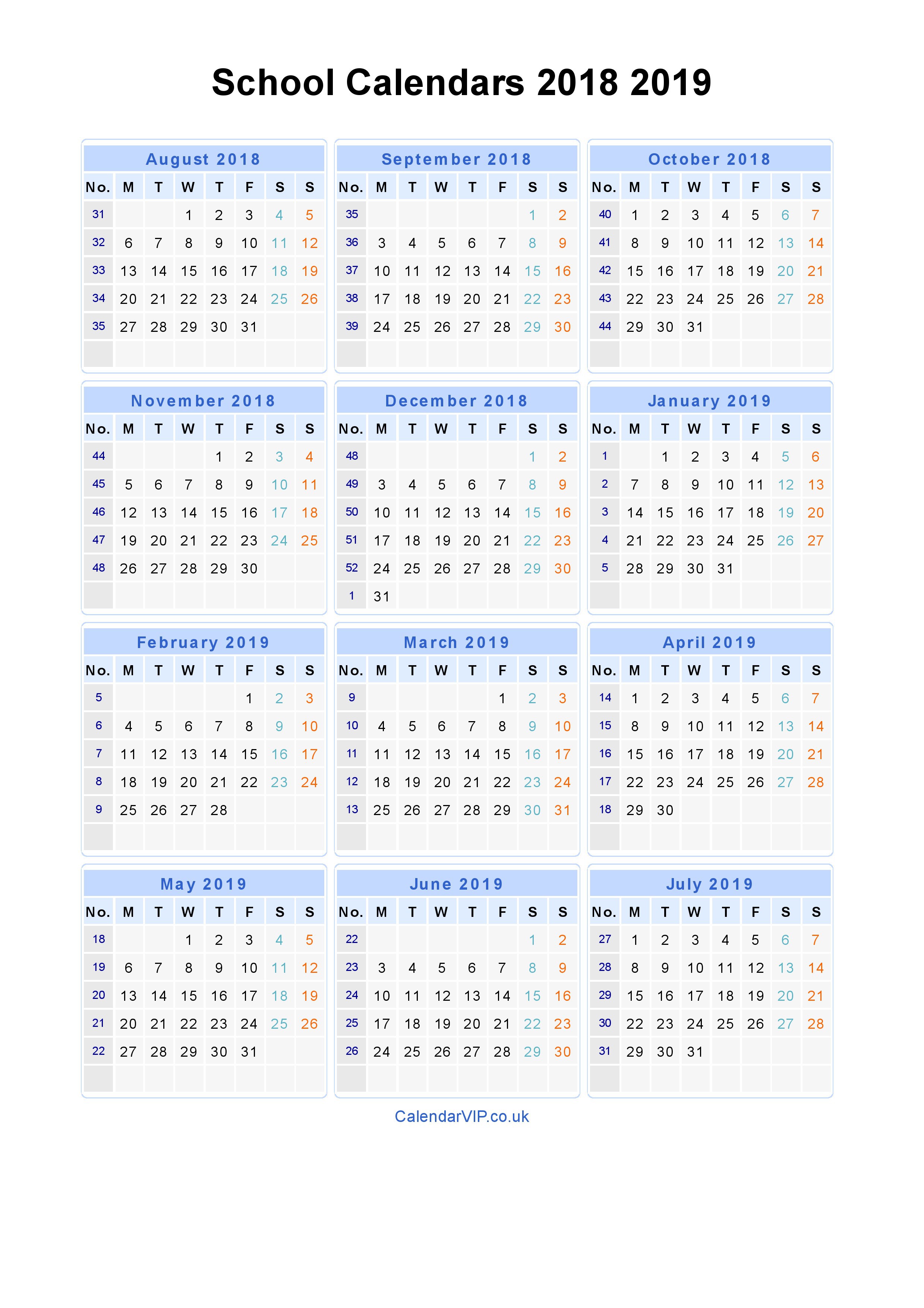 school calendars 2018 2019 calendar from august 2018 to