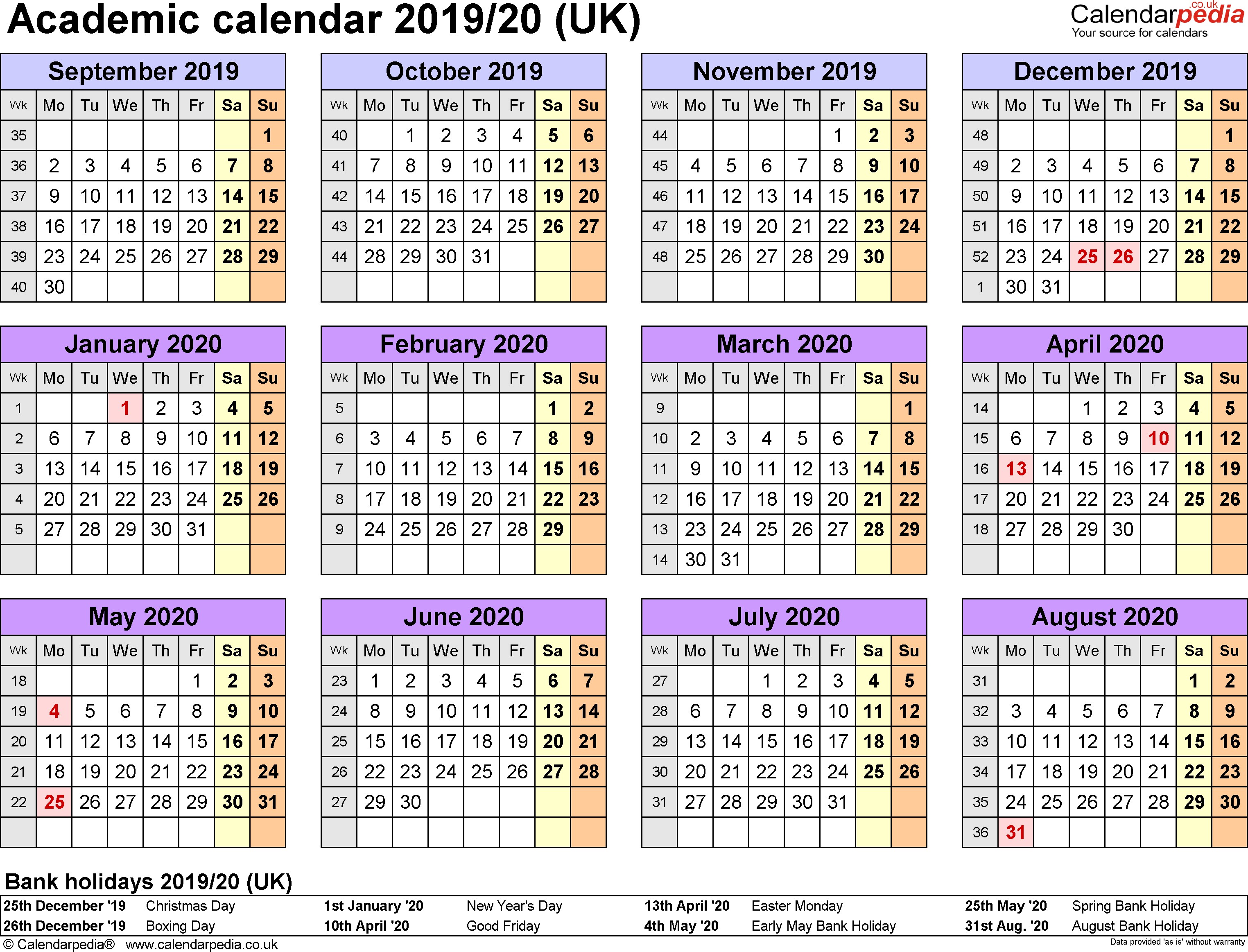 Academic calendars 2019 2020 as free printable PDF templates