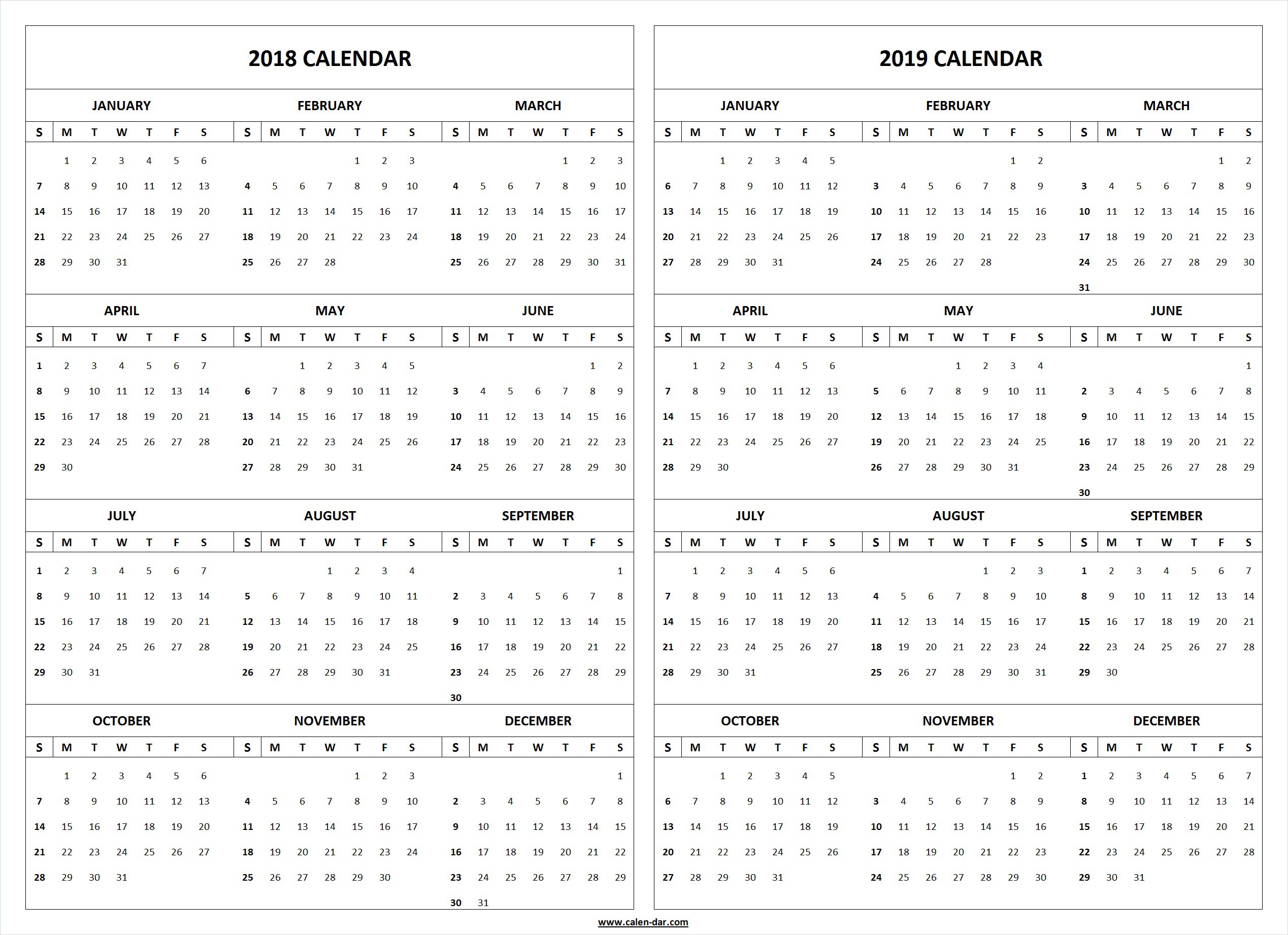 2018 2019 calendar printable template 2018 and 2019