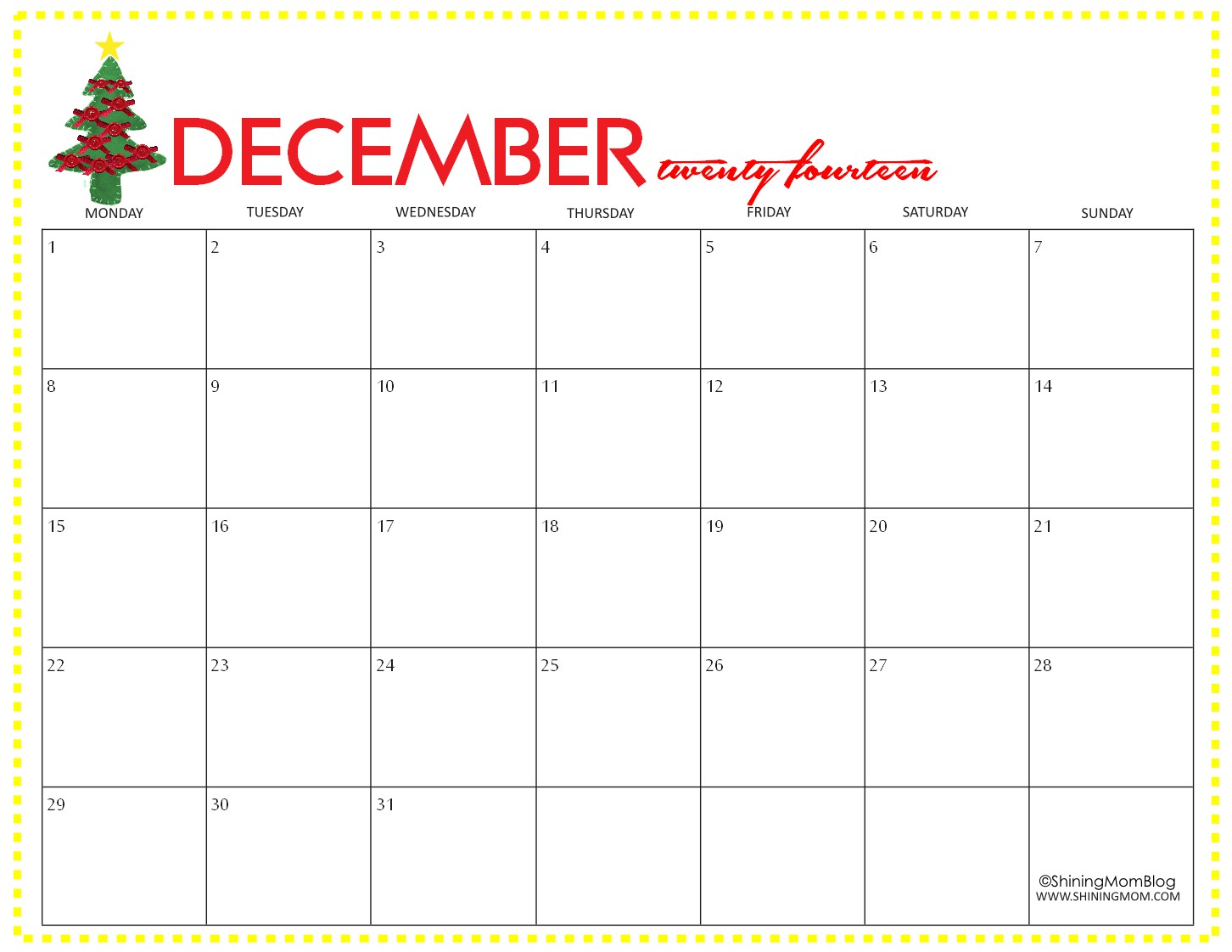 free printable december 2014 calendar by shining mom