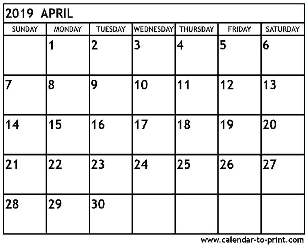 April 2019 Calendar Printable