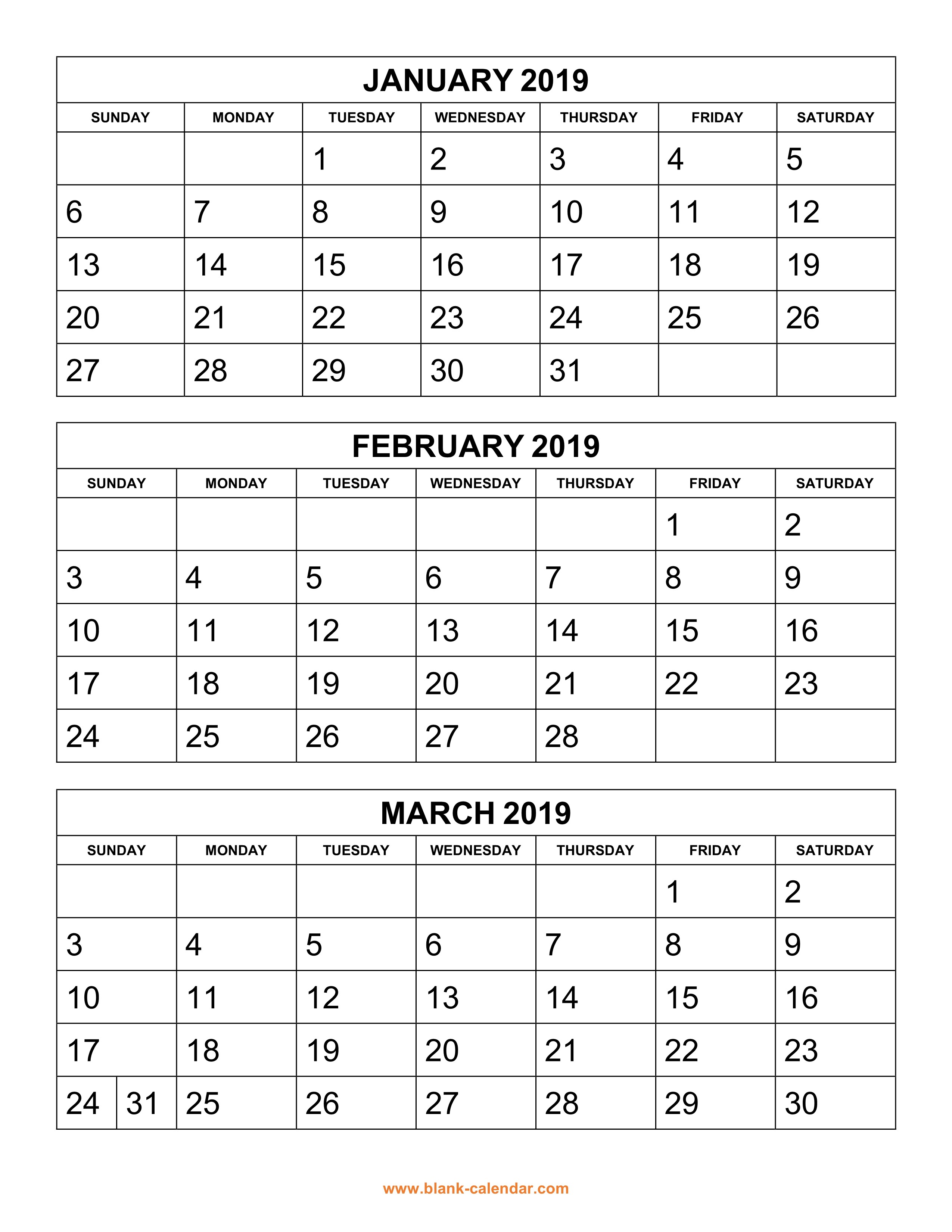 Free Download Printable Calendar 2019 3 months per page
