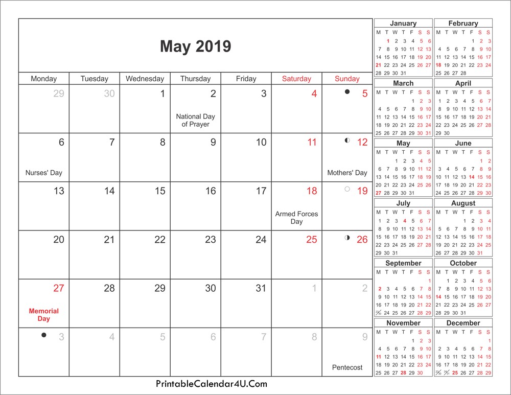 May 2019 Calendar Printable with Holidays PDF and JPG