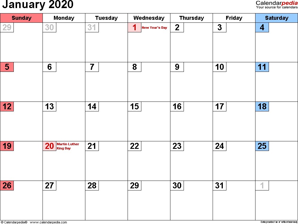 january 2020 calendars for word excel pdf