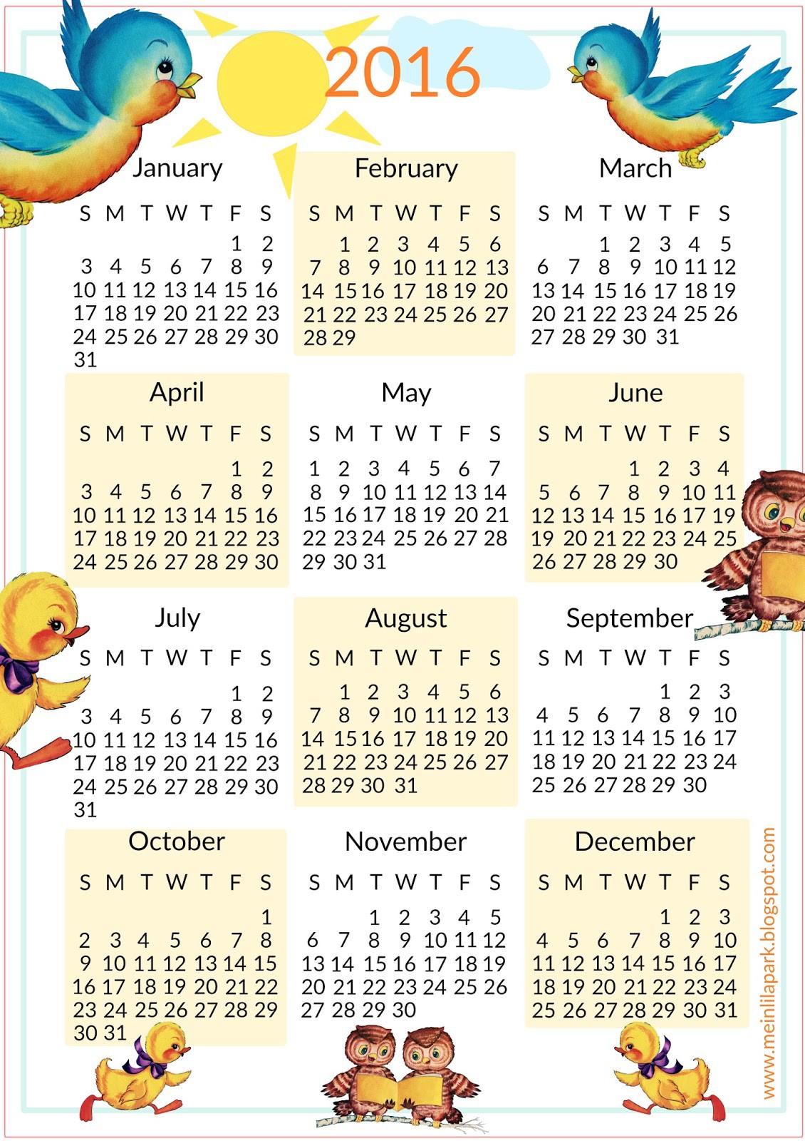 free printable 2016 calendar for kids ausdruckbarer