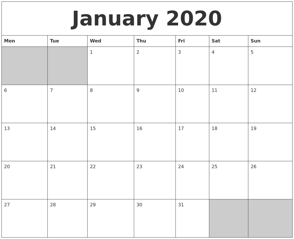 january 2020 blank printable calendar