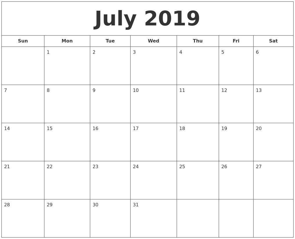 july 2019 printable calendar