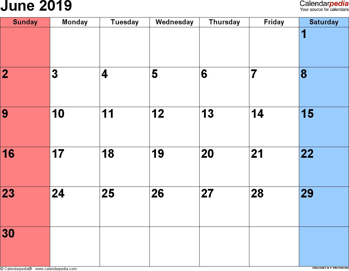 June 2019 Calendars for Word Excel & PDF