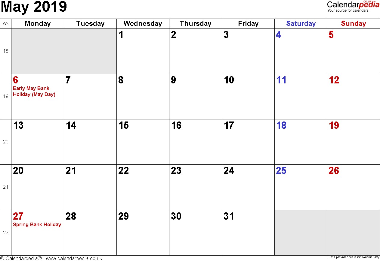 calendar may 2019 uk bank holidays excel pdf word templates