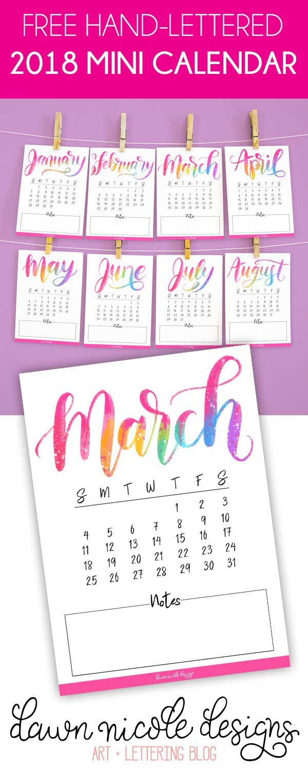 free printable hand lettered 2018 mini calendar dawn
