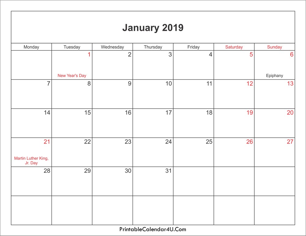 january 2019 calendar with holidays year printable calendar