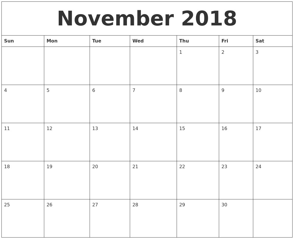 november 2018 free printable monthly calendar