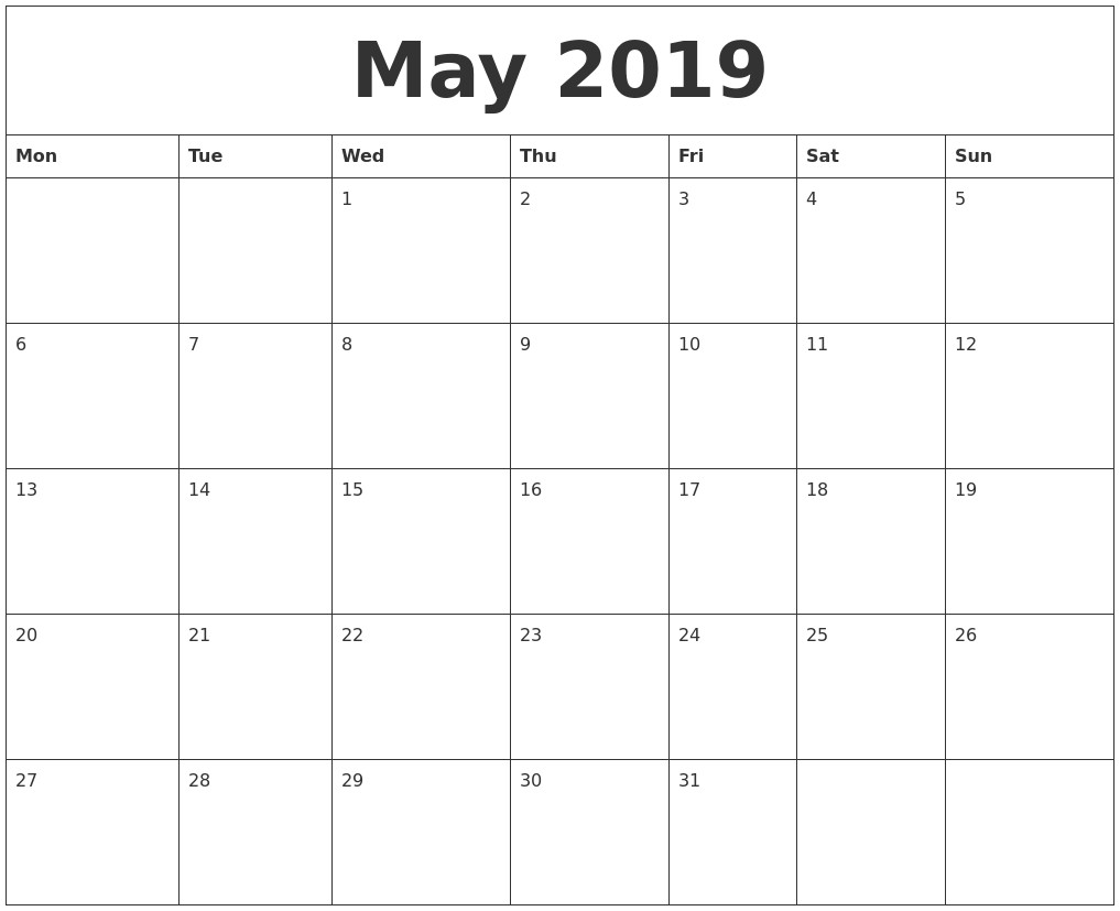 may 2019 free printable monthly calendar