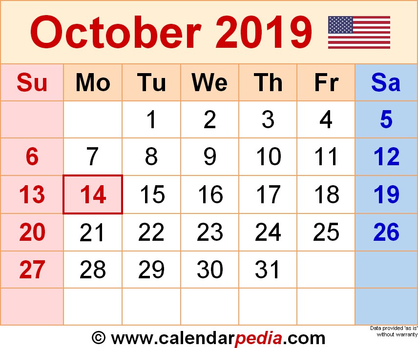 october 2019 calendars for word excel pdf