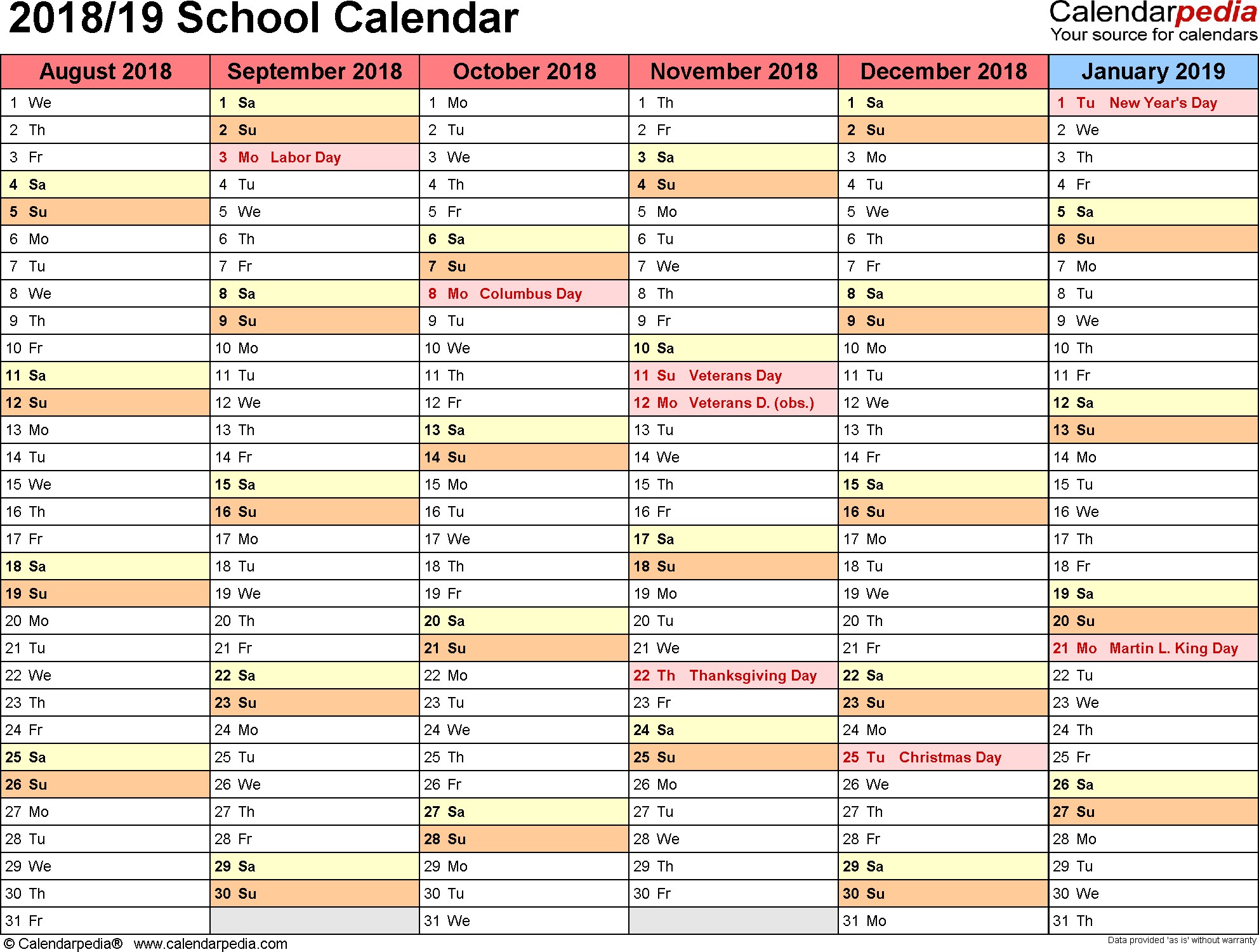 school calendars 2018 2019 as free printable word templates