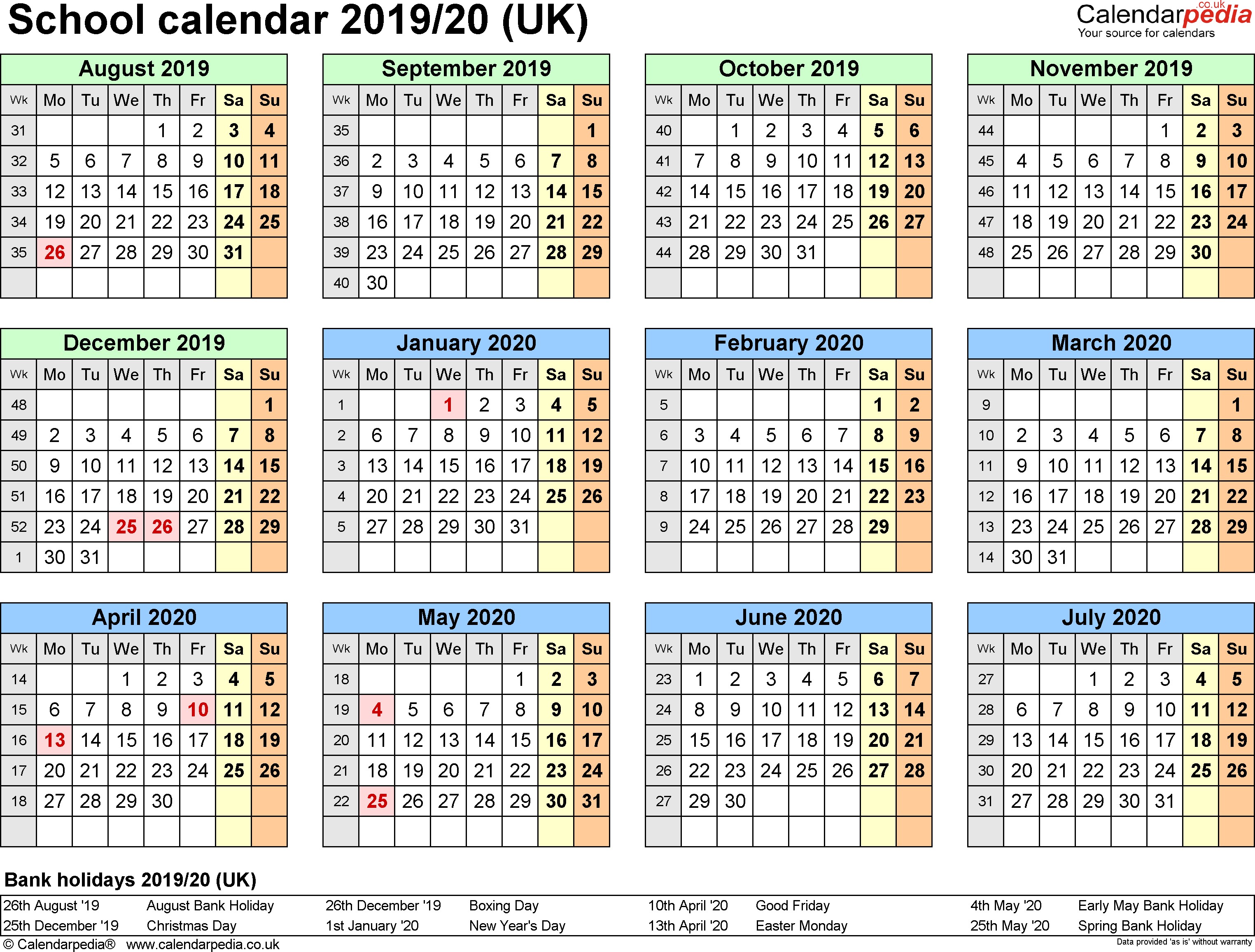 School calendars 2019 2020 as free printable PDF templates