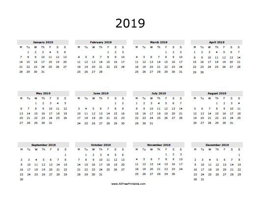 2019 Calendar Word